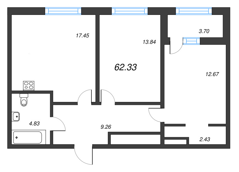 3-комнатная (Евро) квартира, 62.33 м² - планировка, фото №1