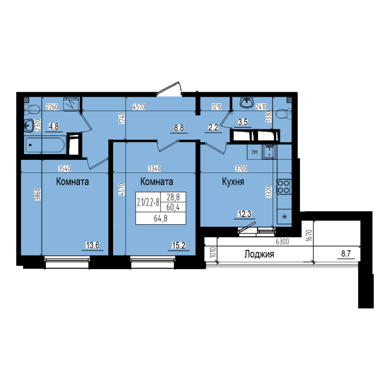 2-комнатная квартира, 64.8 м² - планировка, фото №1