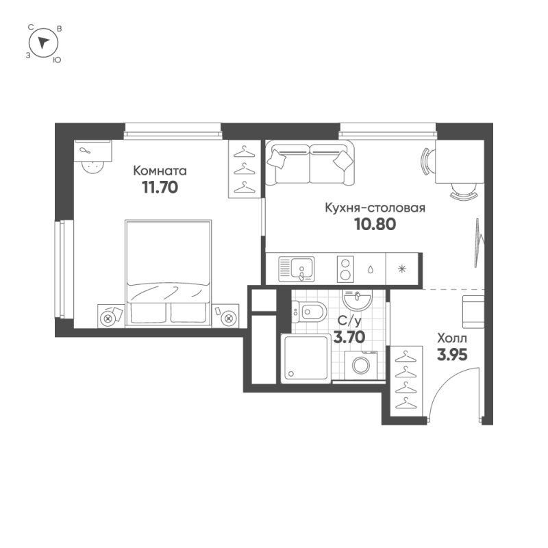 1-комнатная квартира, 30.15 м² в ЖК "Авеню-Апарт Пулково" - планировка, фото №1