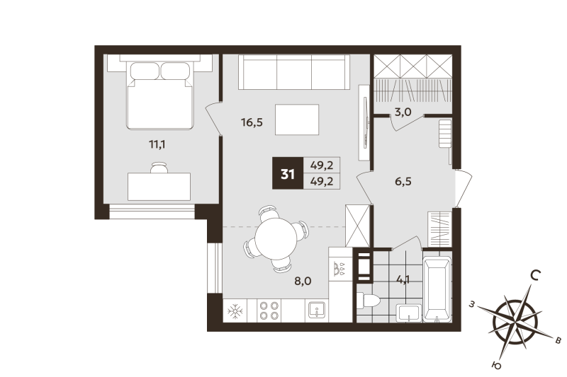 2-комнатная (Евро) квартира, 49.2 м² в ЖК "Дом на Бронницкой" - планировка, фото №1