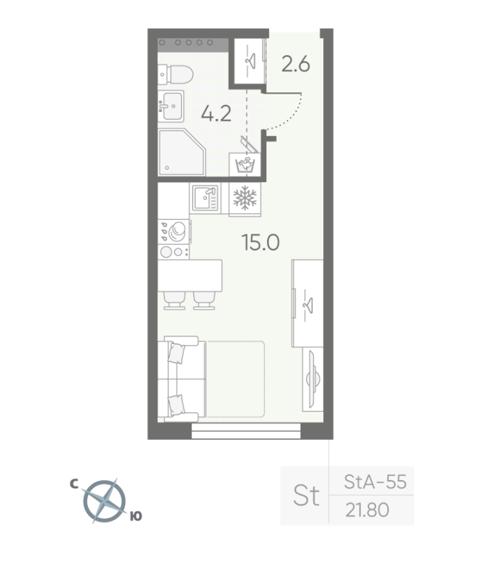 Квартира-студия, 21.8 м² в ЖК "Пулково Lake" - планировка, фото №1