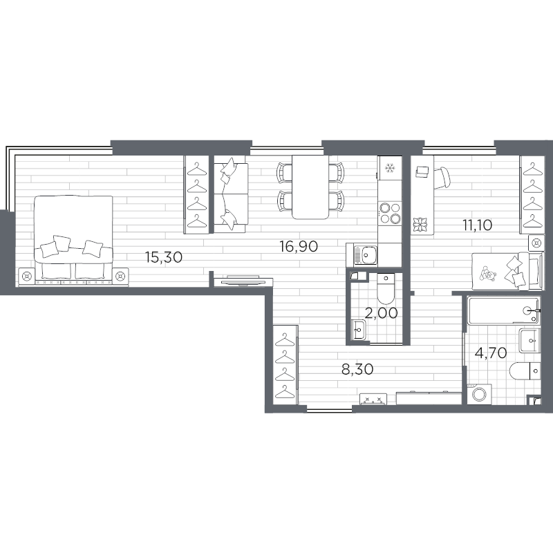 3-комнатная (Евро) квартира, 58.3 м² в ЖК "PLUS Пулковский" - планировка, фото №1
