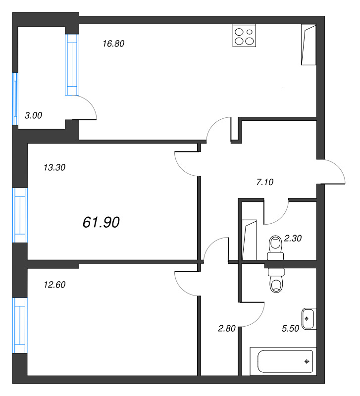 3-комнатная (Евро) квартира, 61.9 м² в ЖК "Тайм Сквер" - планировка, фото №1