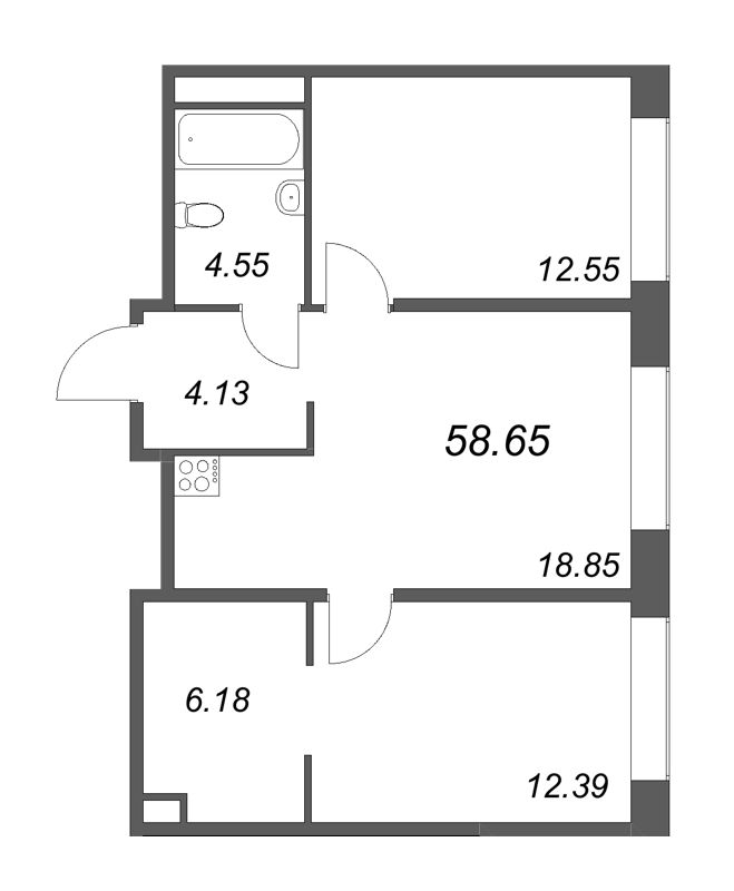3-комнатная (Евро) квартира, 58.65 м² - планировка, фото №1