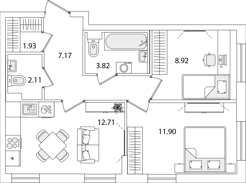 2-комнатная квартира, 48.56 м² - планировка, фото №1