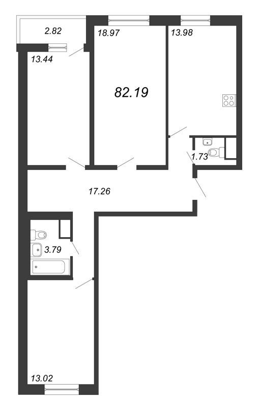 3-комнатная квартира, 82.19 м² в ЖК "Приморский квартал" - планировка, фото №1