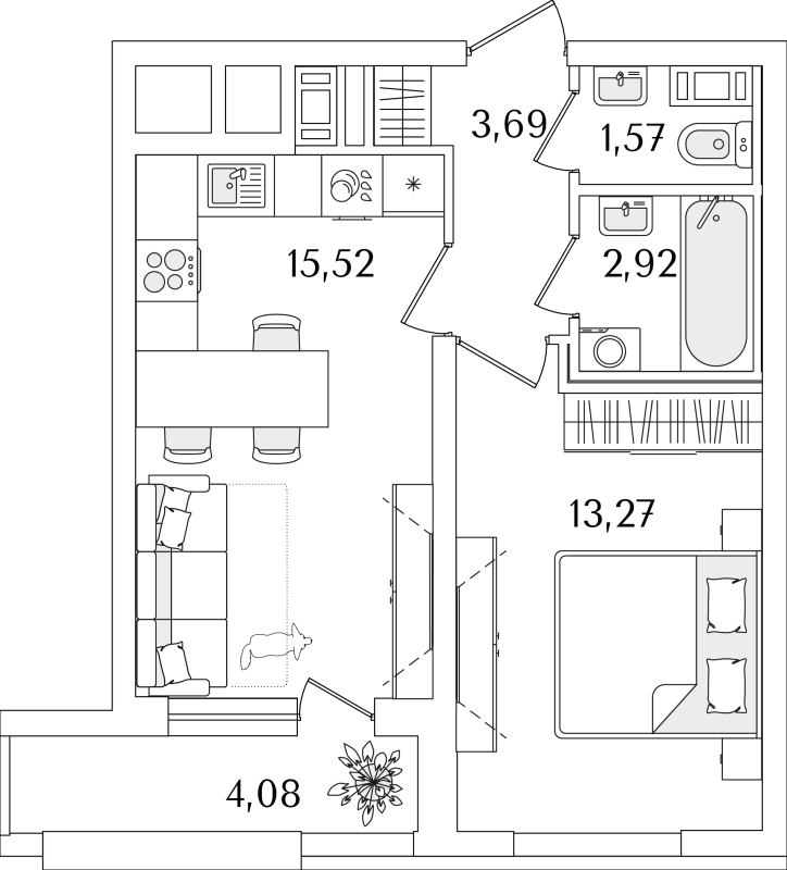 2-комнатная (Евро) квартира, 39.01 м² - планировка, фото №1