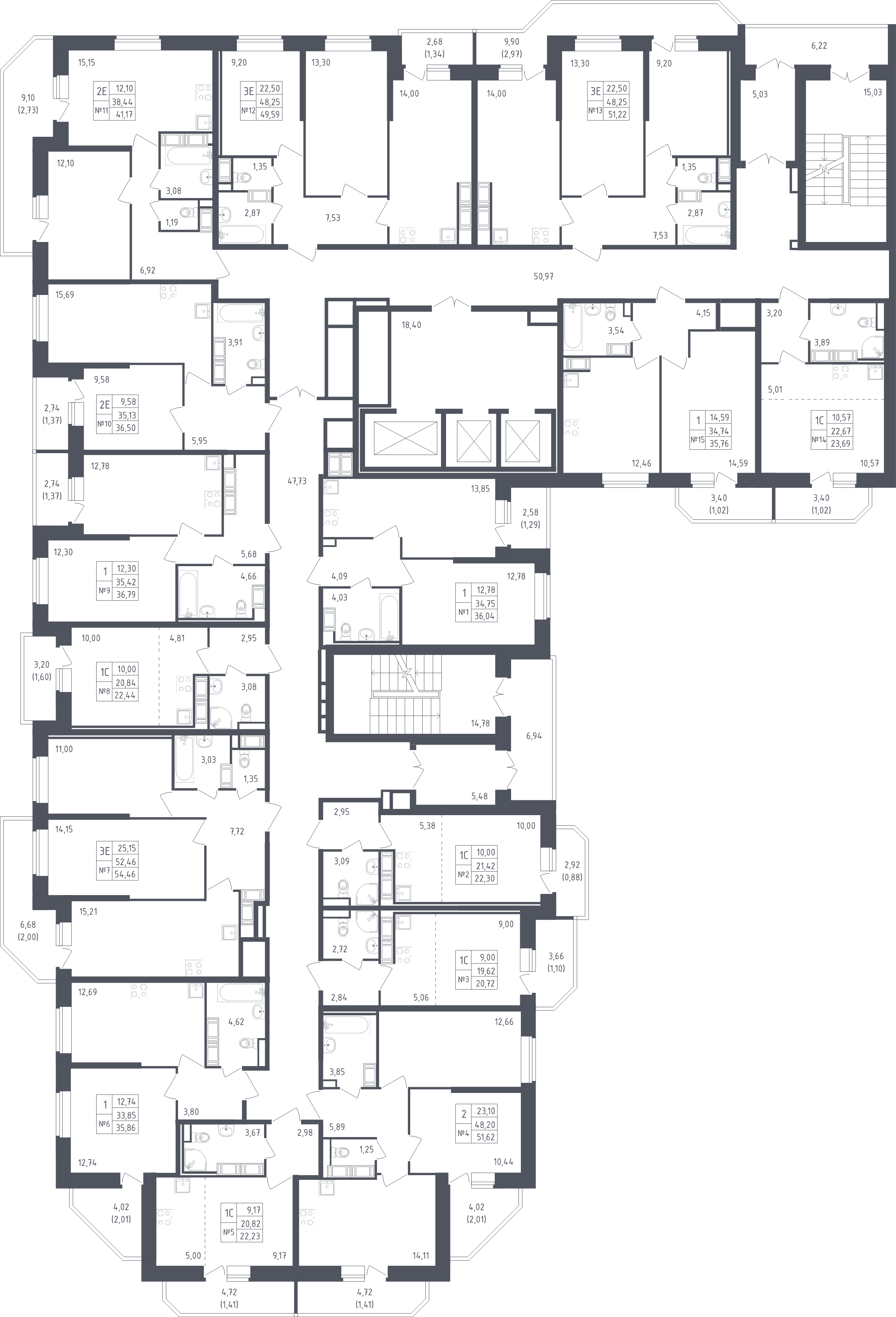 3-комнатная (Евро) квартира, 54.46 м² - планировка этажа