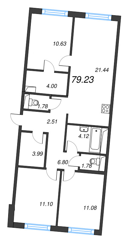 4-комнатная (Евро) квартира, 79.23 м² в ЖК "Legenda Васильевского" - планировка, фото №1