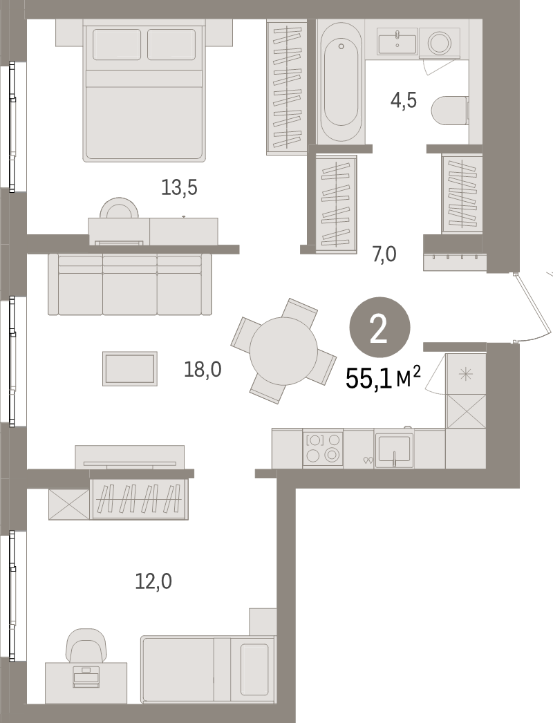 3-комнатная (Евро) квартира, 55.1 м² в ЖК "Брусника в Новоселье" - планировка, фото №1
