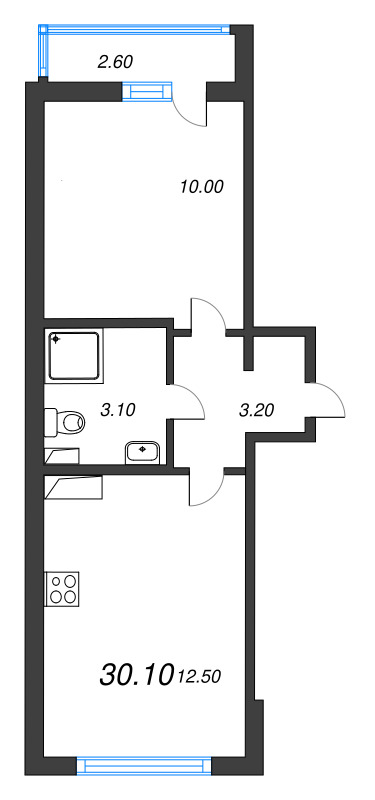 1-комнатная квартира, 30.1 м² в ЖК "Цветной город" - планировка, фото №1