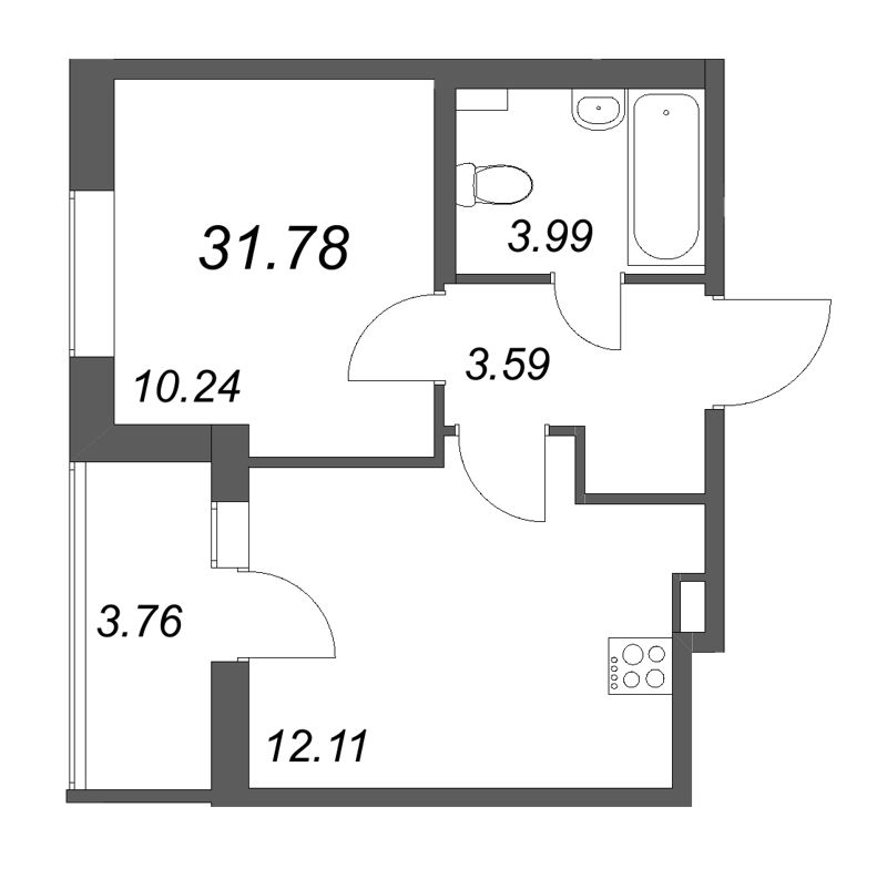 1-комнатная квартира, 31.78 м² - планировка, фото №1