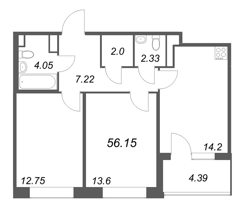2-комнатная квартира, 56.15 м² в ЖК "Дом на Курской" - планировка, фото №1