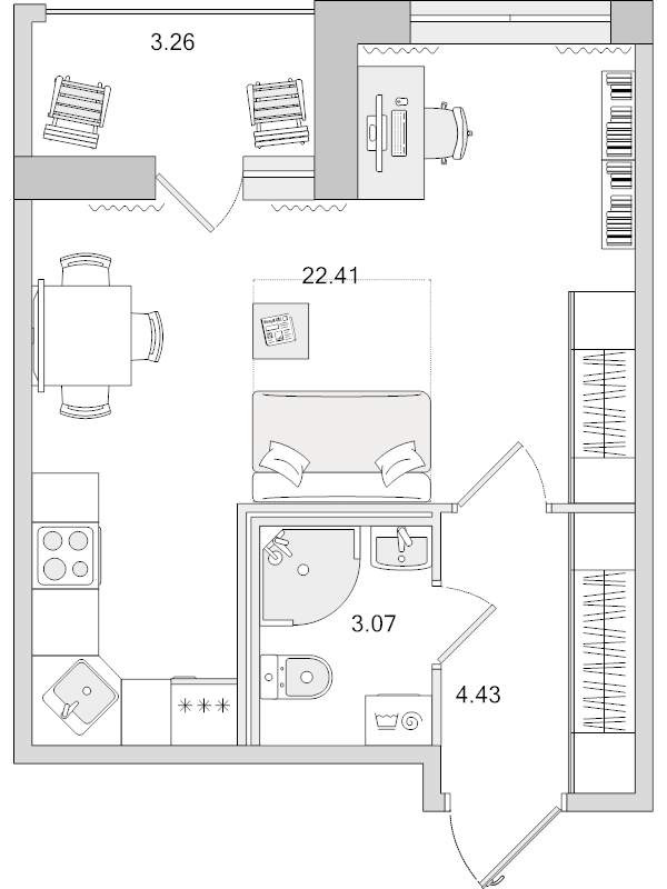 Квартира-студия, 33.17 м² в ЖК "Dreamline" - планировка, фото №1