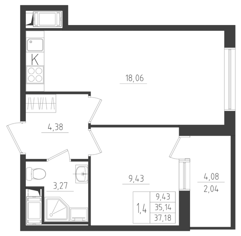 2-комнатная (Евро) квартира, 37.22 м² в ЖК "Новикола" - планировка, фото №1