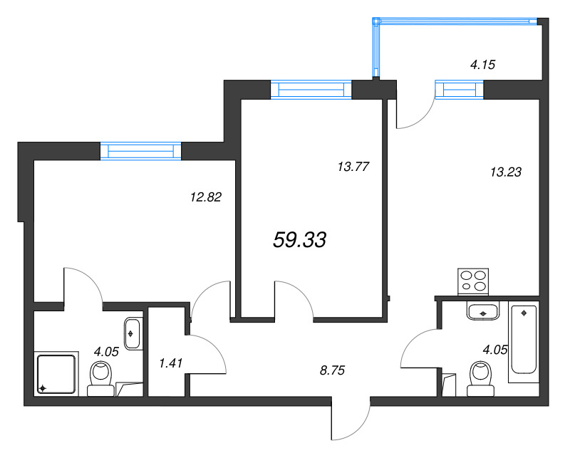 2-комнатная квартира, 59.33 м² в ЖК "Энфилд" - планировка, фото №1