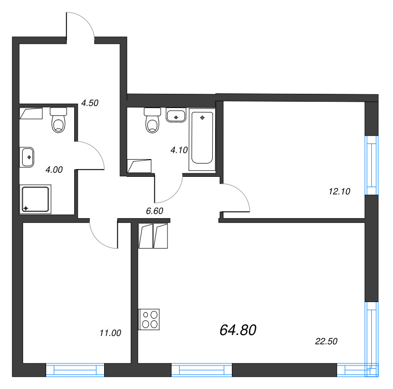 3-комнатная (Евро) квартира, 64.8 м² в ЖК "Струны" - планировка, фото №1