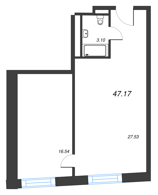 2-комнатная (Евро) квартира, 47.17 м² в ЖК "YE’S Leader" - планировка, фото №1