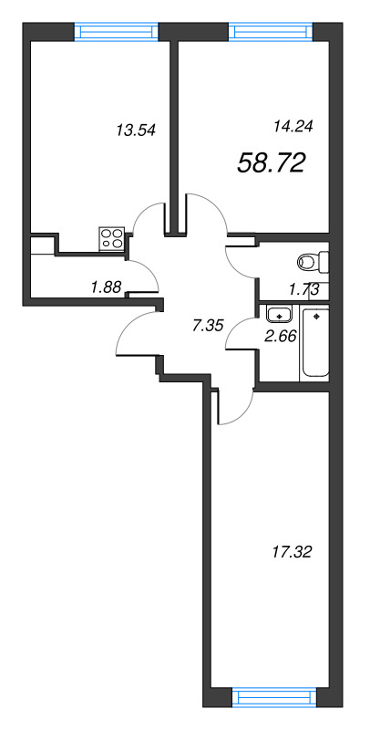 2-комнатная квартира, 58.72 м² - планировка, фото №1