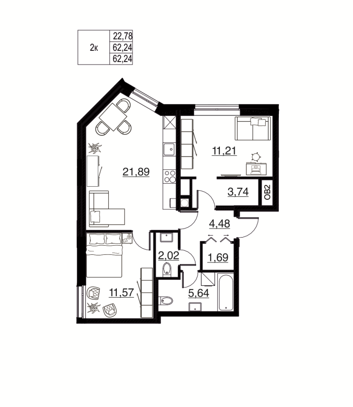 3-комнатная (Евро) квартира, 63.98 м² в ЖК "Соло. Петергоф" - планировка, фото №1