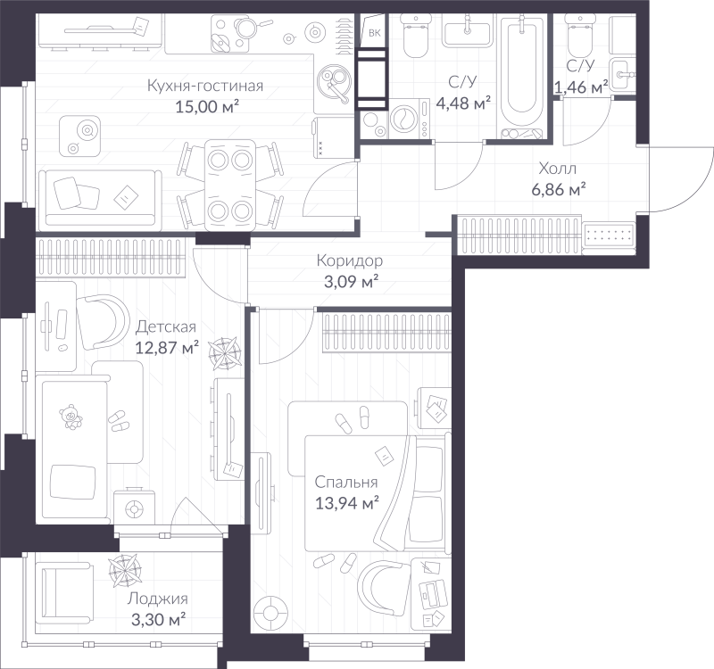 3-комнатная (Евро) квартира, 59.35 м² - планировка, фото №1