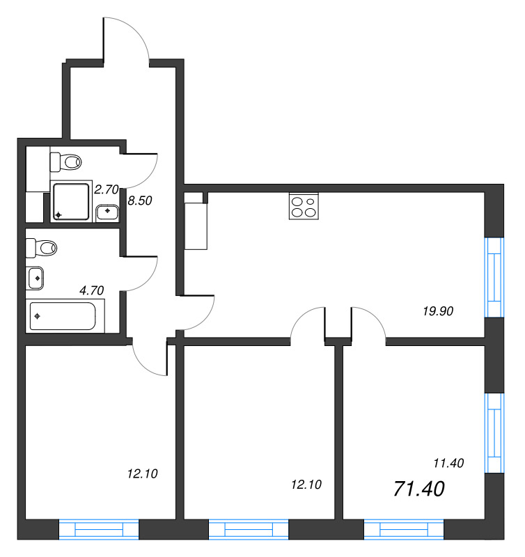 4-комнатная (Евро) квартира, 71.4 м² - планировка, фото №1