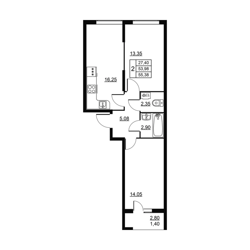 3-комнатная (Евро) квартира, 55.38 м² в ЖК "Высота. Новодевяткино" - планировка, фото №1