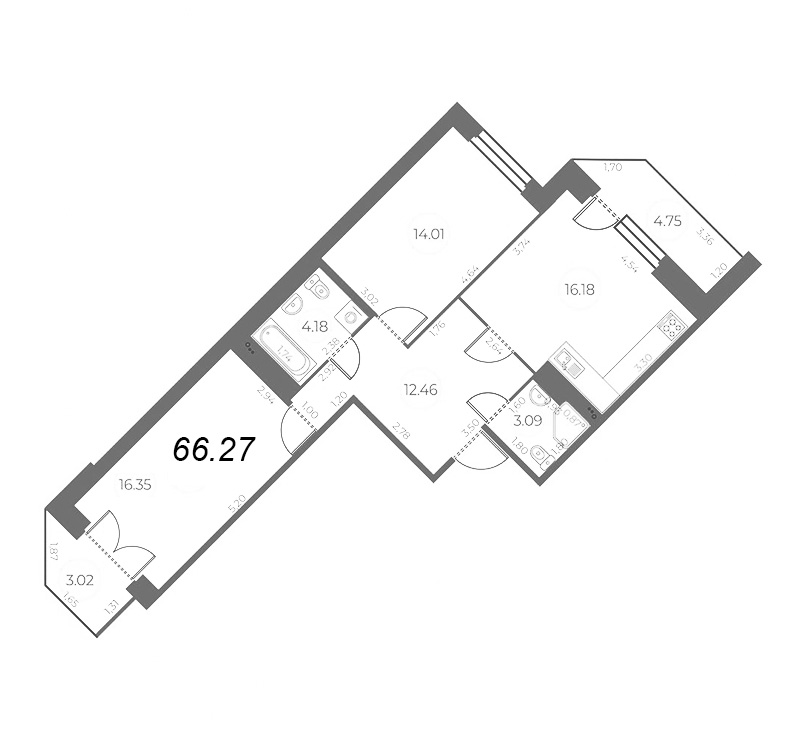 3-комнатная (Евро) квартира, 70.15 м² в ЖК "Огни Залива" - планировка, фото №1