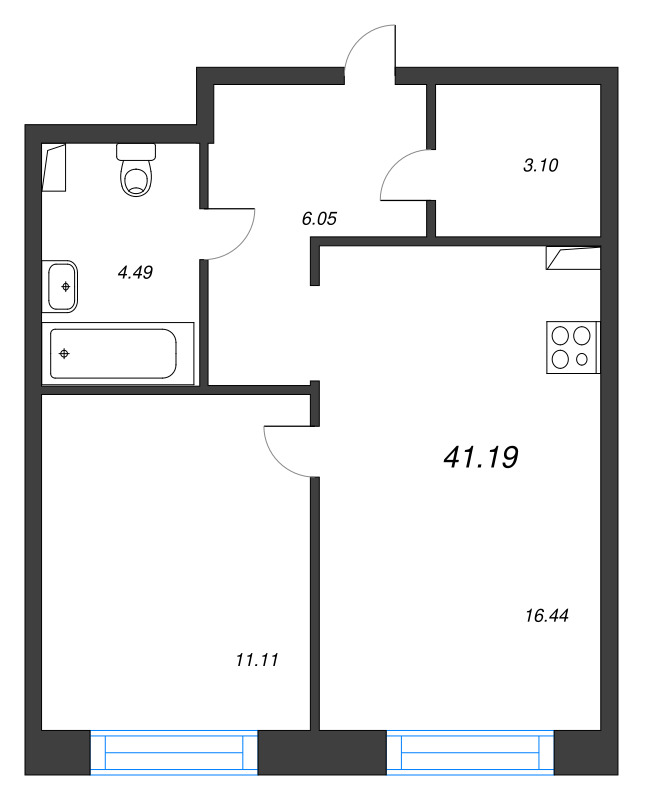 2-комнатная (Евро) квартира, 41.19 м² в ЖК "Остров Первых" - планировка, фото №1
