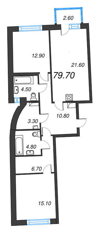 3-комнатная (Евро) квартира, 79.7 м² в ЖК "Цвет Зеленогорска" - планировка, фото №1