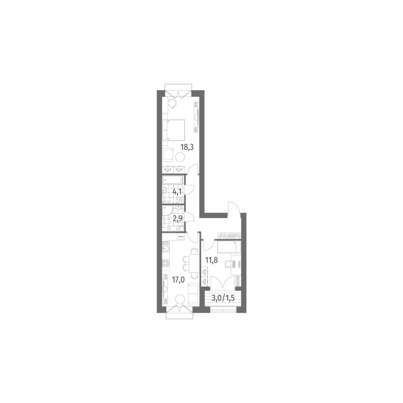 3-комнатная (Евро) квартира, 66.24 м² в ЖК "Наука" - планировка, фото №1