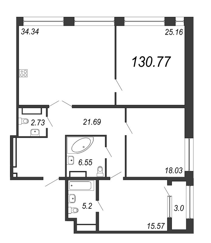 4-комнатная (Евро) квартира, 130.77 м² в ЖК "Дефанс Премиум" - планировка, фото №1