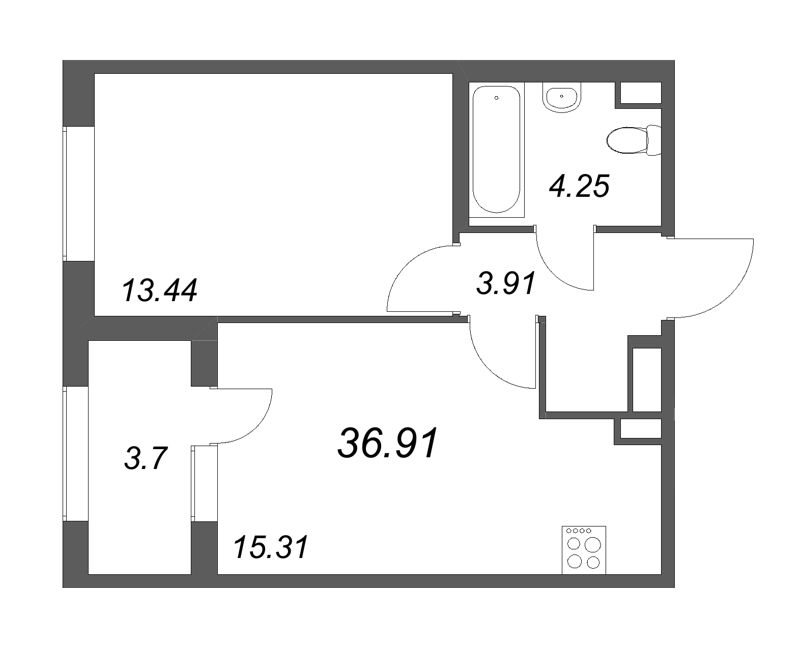 2-комнатная (Евро) квартира, 36.91 м² в ЖК "Дубровский" - планировка, фото №1