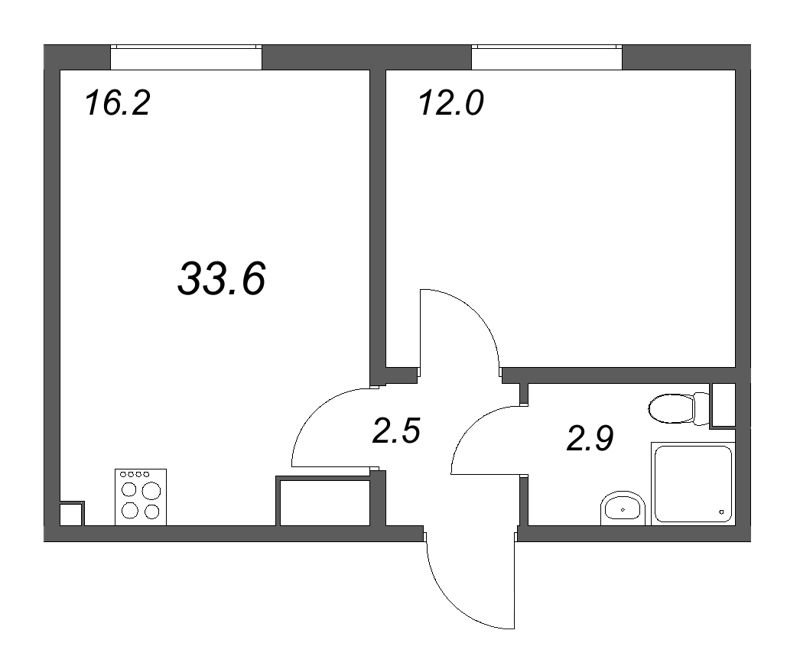 2-комнатная (Евро) квартира, 32.9 м² в ЖК "ЛСР. Ржевский парк" - планировка, фото №1