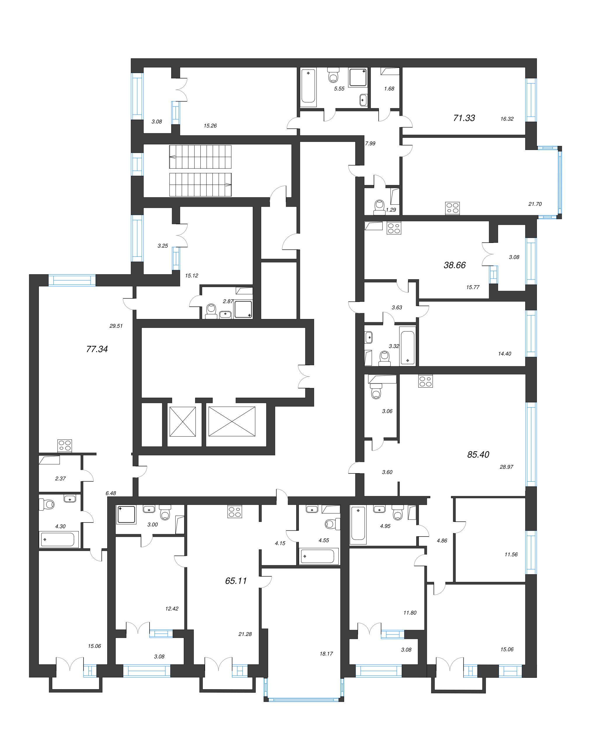 3-комнатная (Евро) квартира, 75.9 м² в ЖК "Наука" - планировка этажа