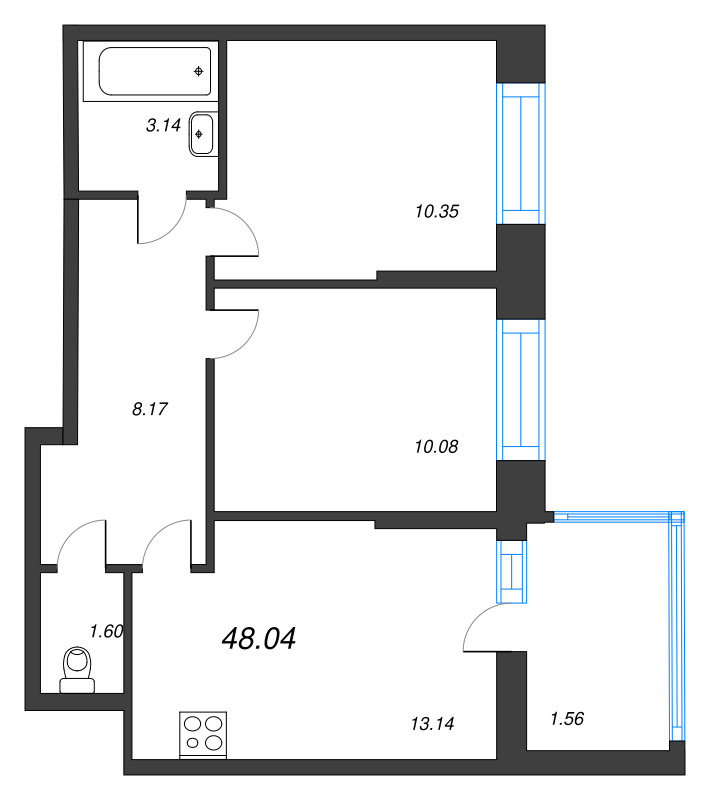 2-комнатная квартира, 48.04 м² - планировка, фото №1