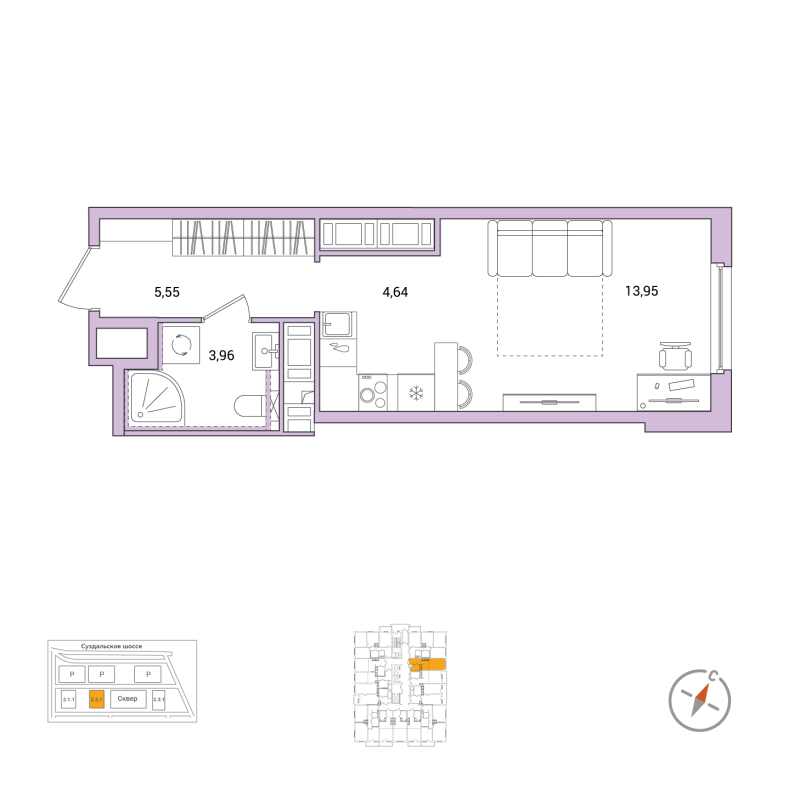Квартира-студия, 28.1 м² в ЖК "Окла" - планировка, фото №1