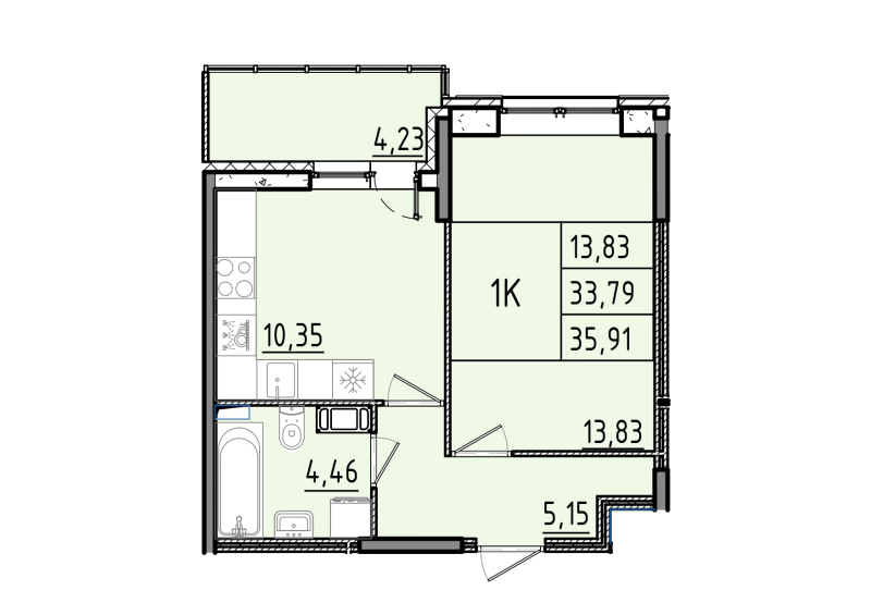 1-комнатная квартира, 35.91 м² - планировка, фото №1