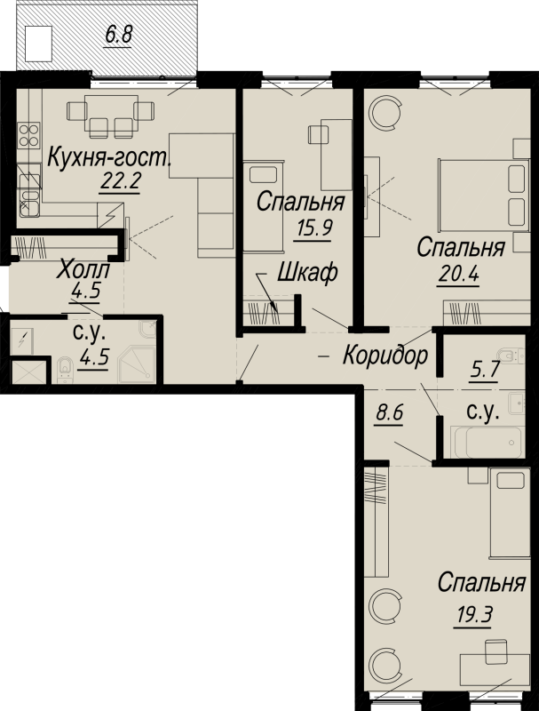 4-комнатная (Евро) квартира, 106.1 м² - планировка, фото №1