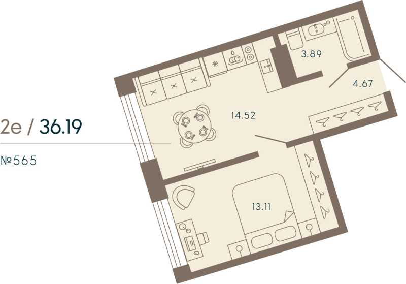 1-комнатная квартира, 36.19 м² в ЖК "17/33 Петровский остров" - планировка, фото №1