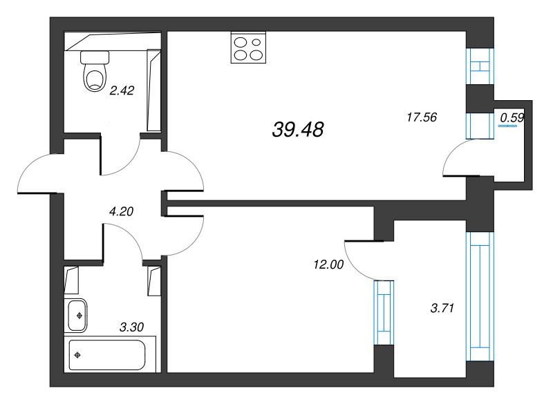 1-комнатная квартира, 41.52 м² - планировка, фото №1