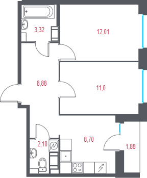 2-комнатная квартира, 46.95 м² в ЖК "Город-спутник Южный" - планировка, фото №1