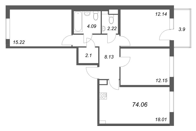4-комнатная (Евро) квартира, 74.06 м² - планировка, фото №1