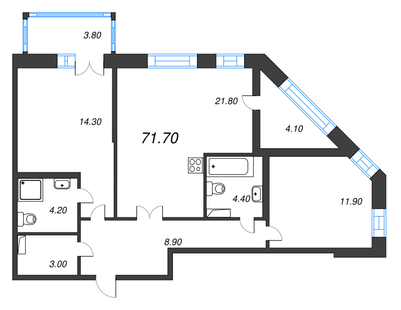 2-комнатная квартира, 71.7 м² - планировка, фото №1