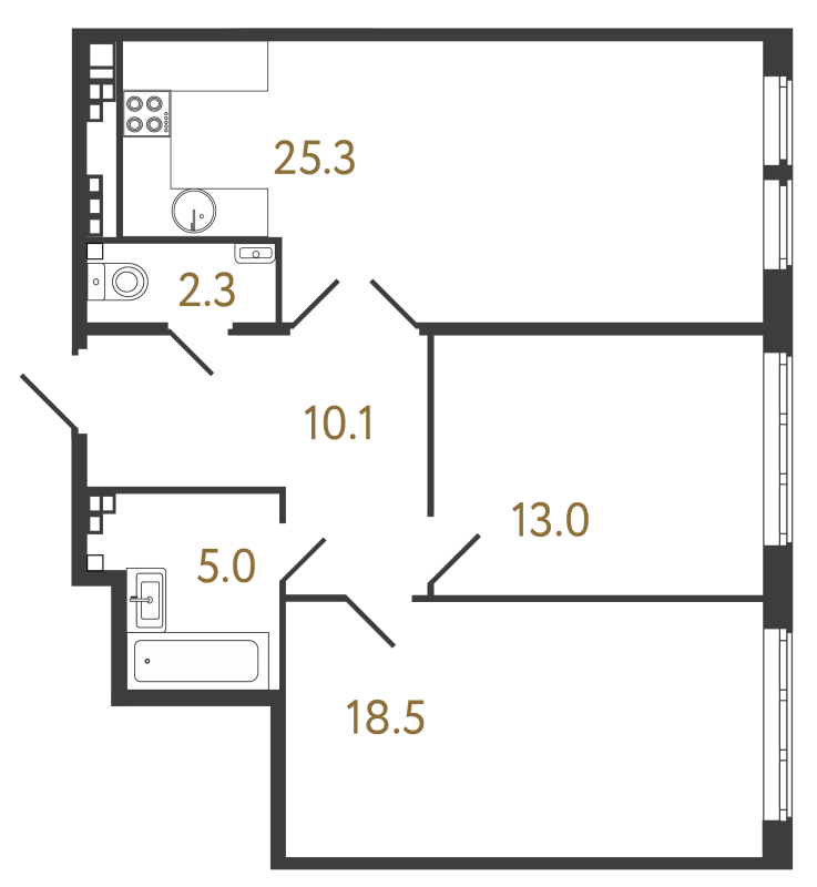 3-комнатная (Евро) квартира, 74.2 м² в ЖК "МИРЪ" - планировка, фото №1