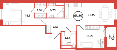 3-комнатная (Евро) квартира, 63.39 м² в ЖК "Энфилд" - планировка, фото №1