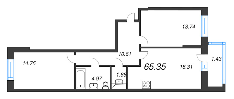 3-комнатная (Евро) квартира, 65.47 м² - планировка, фото №1