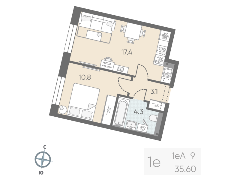 2-комнатная (Евро) квартира, 35.6 м² в ЖК "Большая Охта" - планировка, фото №1