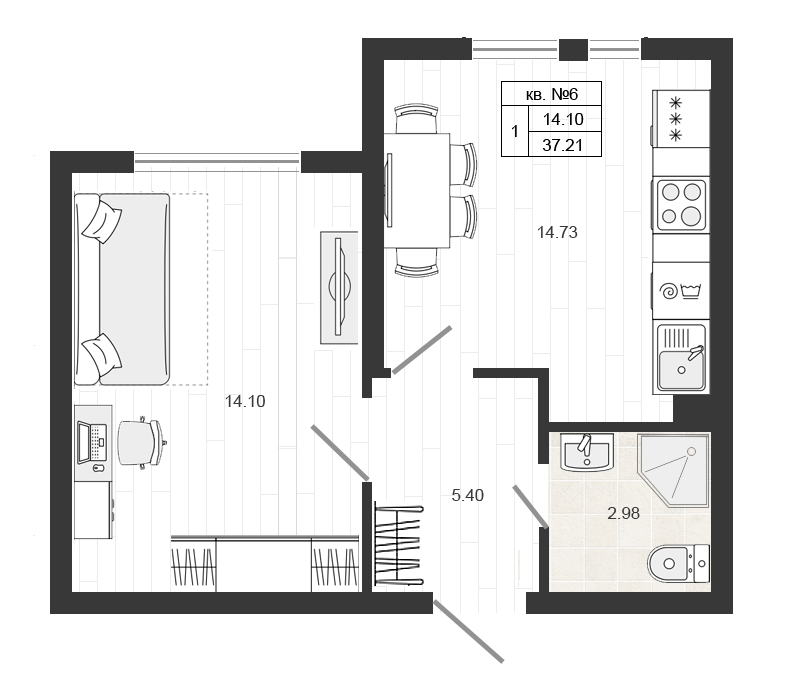 2-комнатная (Евро) квартира, 37.21 м² в ЖК "Верево-сити" - планировка, фото №1