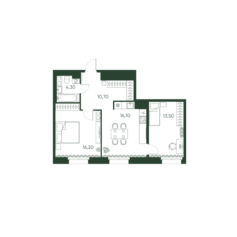 2-комнатная квартира, 60.8 м² в ЖК "Моисеенко 10" - планировка, фото №1